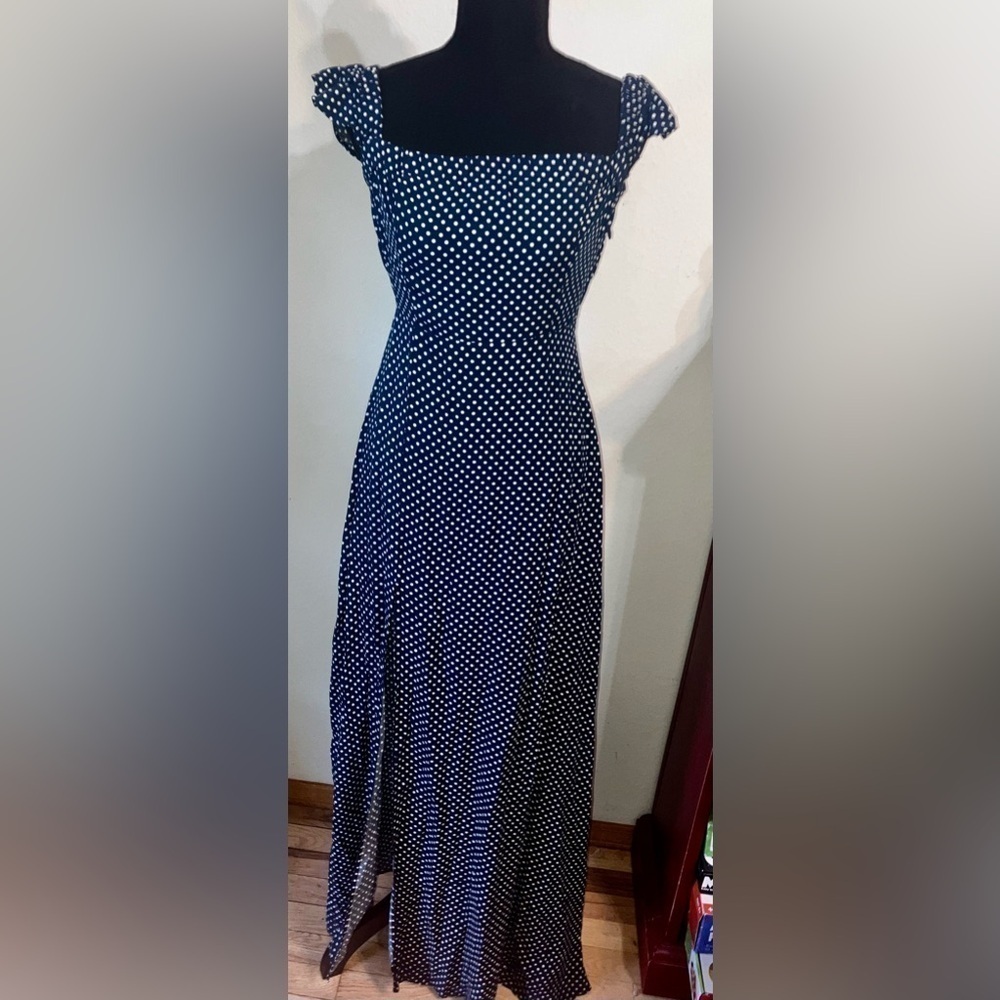 Lulus Dream Regency Nautical Blue Polka Dot Off-the-Shoulder Maxi Dress size Med - Picture 11 of 14